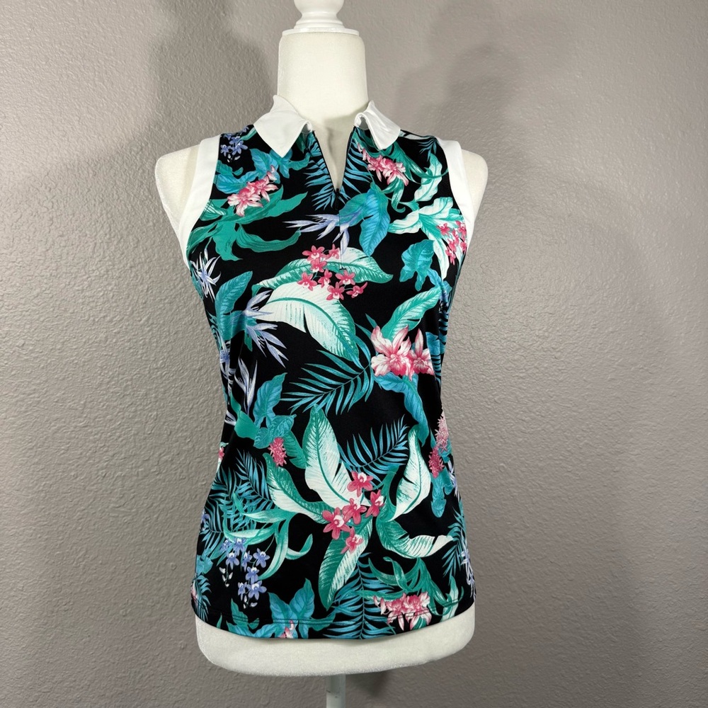 NWT TOMMY BAHAMA GOLF XS Sleeveless Zip Neck Top‎ Tropical Floral Black UPF 50